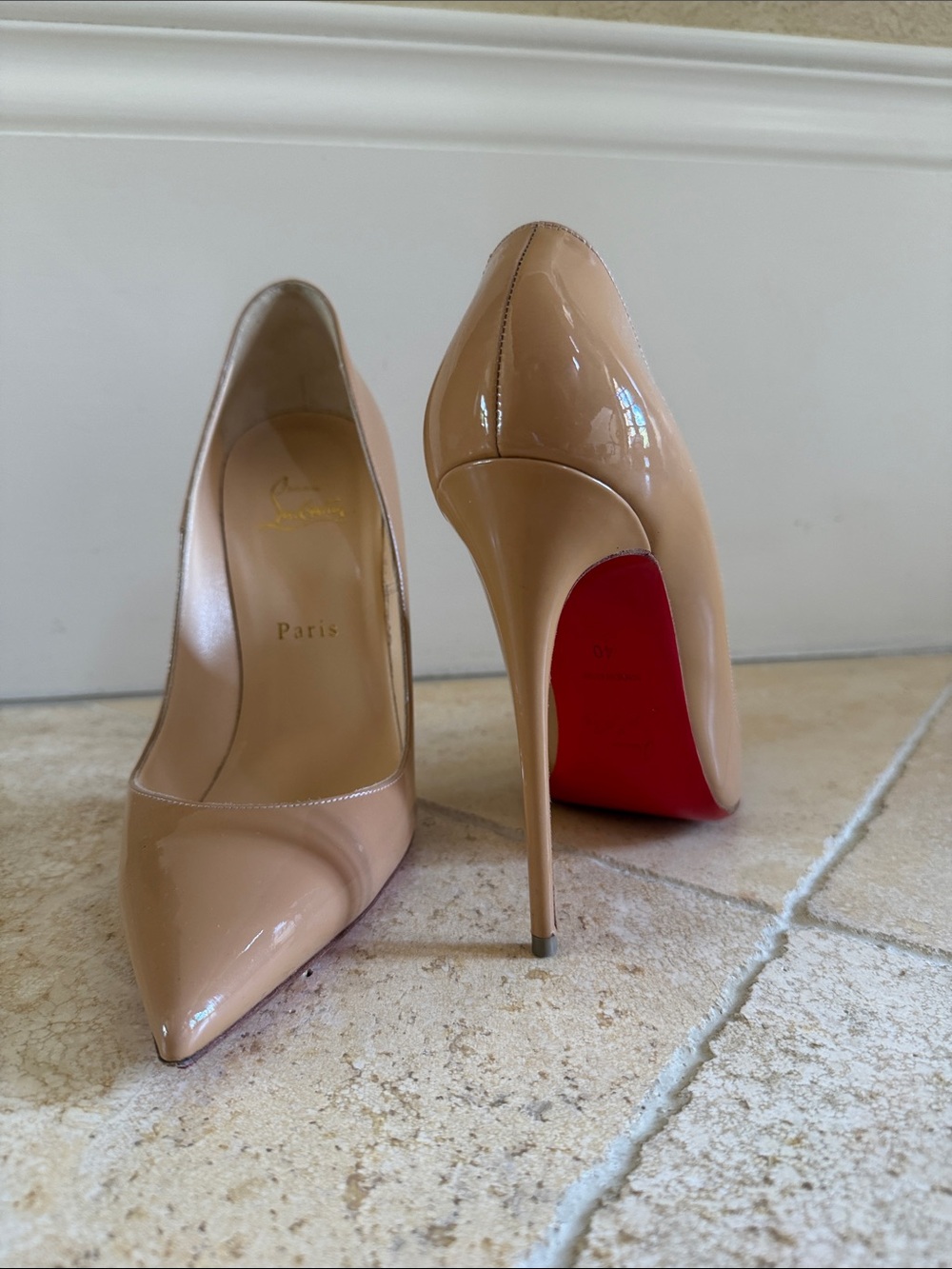 Christian Louboutin Nude Patent Pointed-Toe Stiletto Pumps with Red Sole